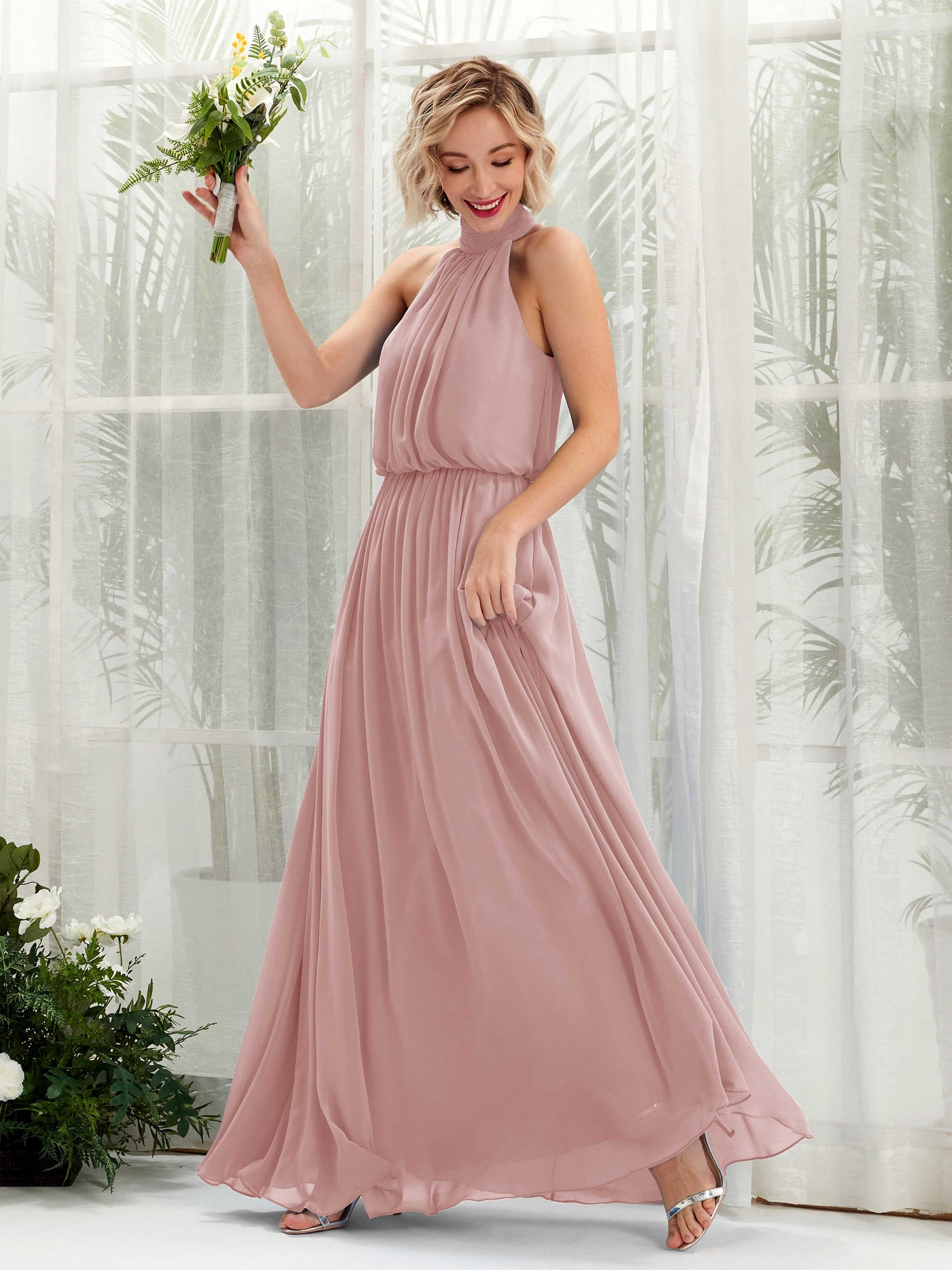 Dusty Rose Bridesmaid Dresses Bridesmaid Dress A-line Chiffon Halter Full Length Sleeveless Wedding Party Dress (81222909)#color_dusty-rose
