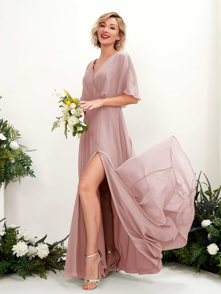 Dusty Rose Bridesmaid Dresses Bridesmaid Dress A-line Chiffon V-neck Full Length Short Sleeves Wedding Party Dress (81225109)