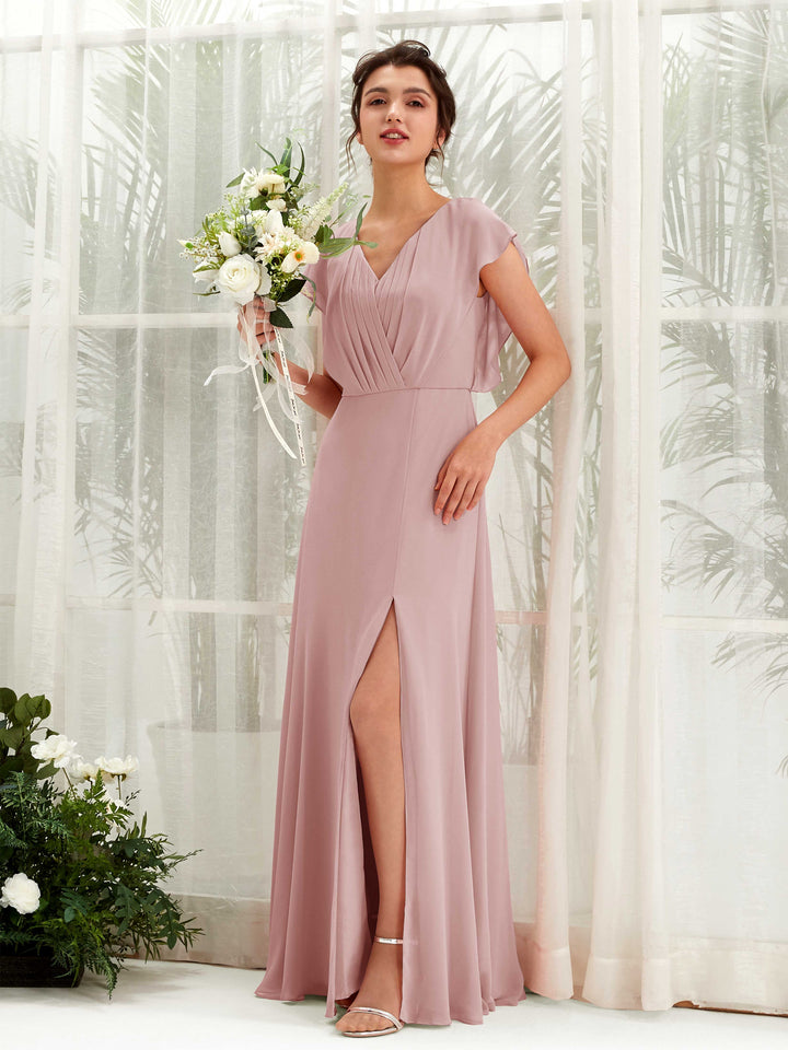 Dusty Rose Bridesmaid Dresses Bridesmaid Dress A-line Chiffon V-neck Full Length Short Sleeves Wedding Party Dress (81225609)