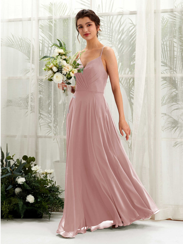 Dusty Rose Bridesmaid Dresses Bridesmaid Dress Chiffon Spaghetti-straps Full Length Sleeveless Wedding Party Dress (81224209)