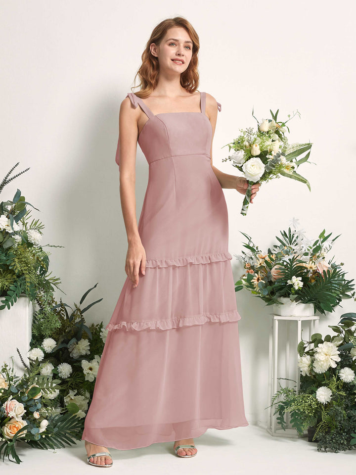 Bridesmaid Dress Chiffon Straps Full Length Sleeveless Wedding Party Dress - Dusty Rose (81227509)