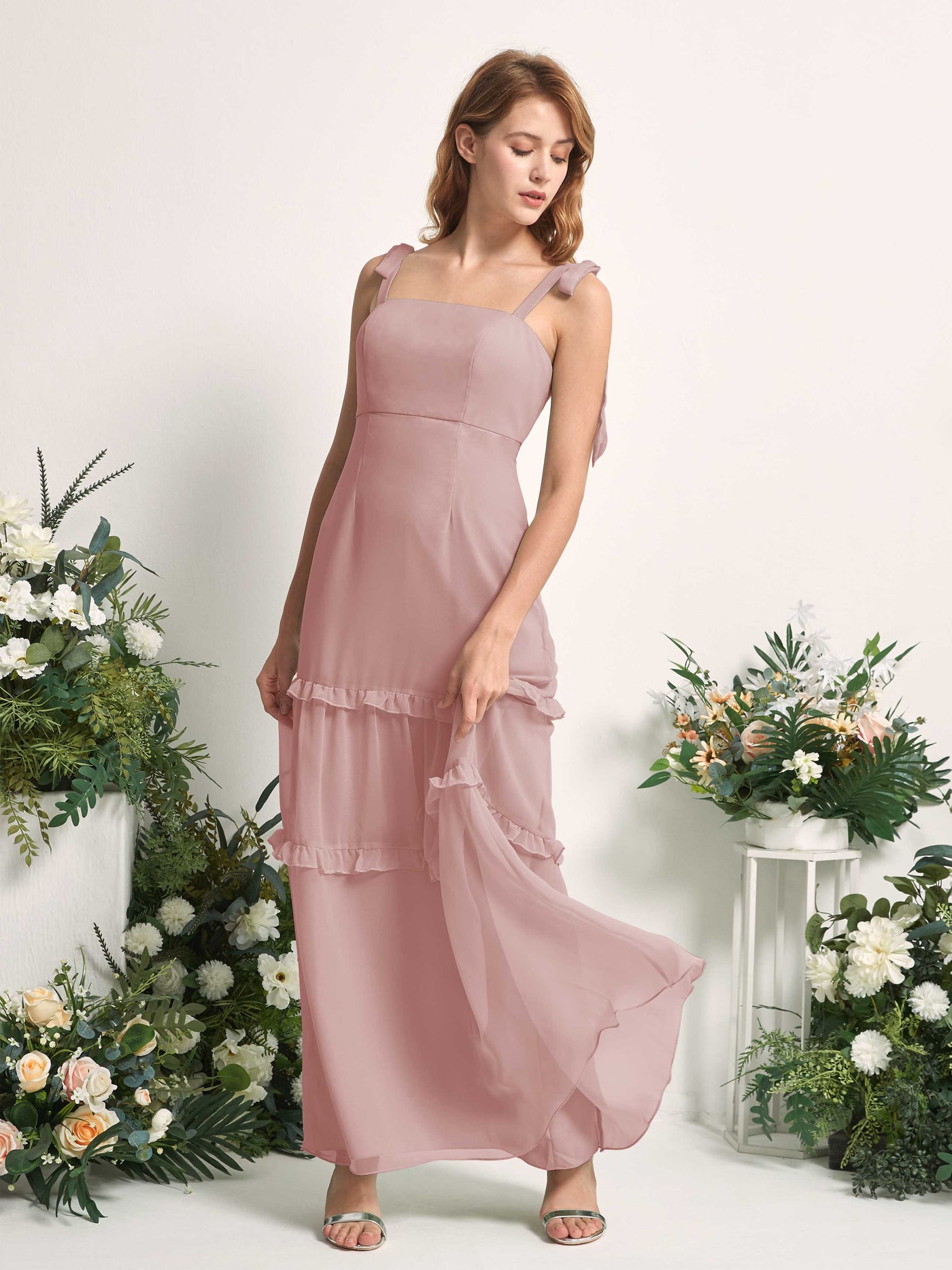 Bridesmaid Dress Chiffon Straps Full Length Sleeveless Wedding Party Dress - Dusty Rose (81227509)#color_dusty-rose