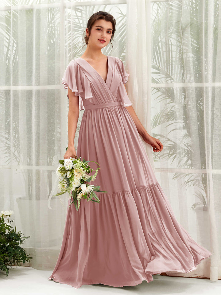 Dusty Rose Bridesmaid Dresses Bridesmaid Dress A-line Chiffon V-neck Full Length Short Sleeves Wedding Party Dress (81225909)