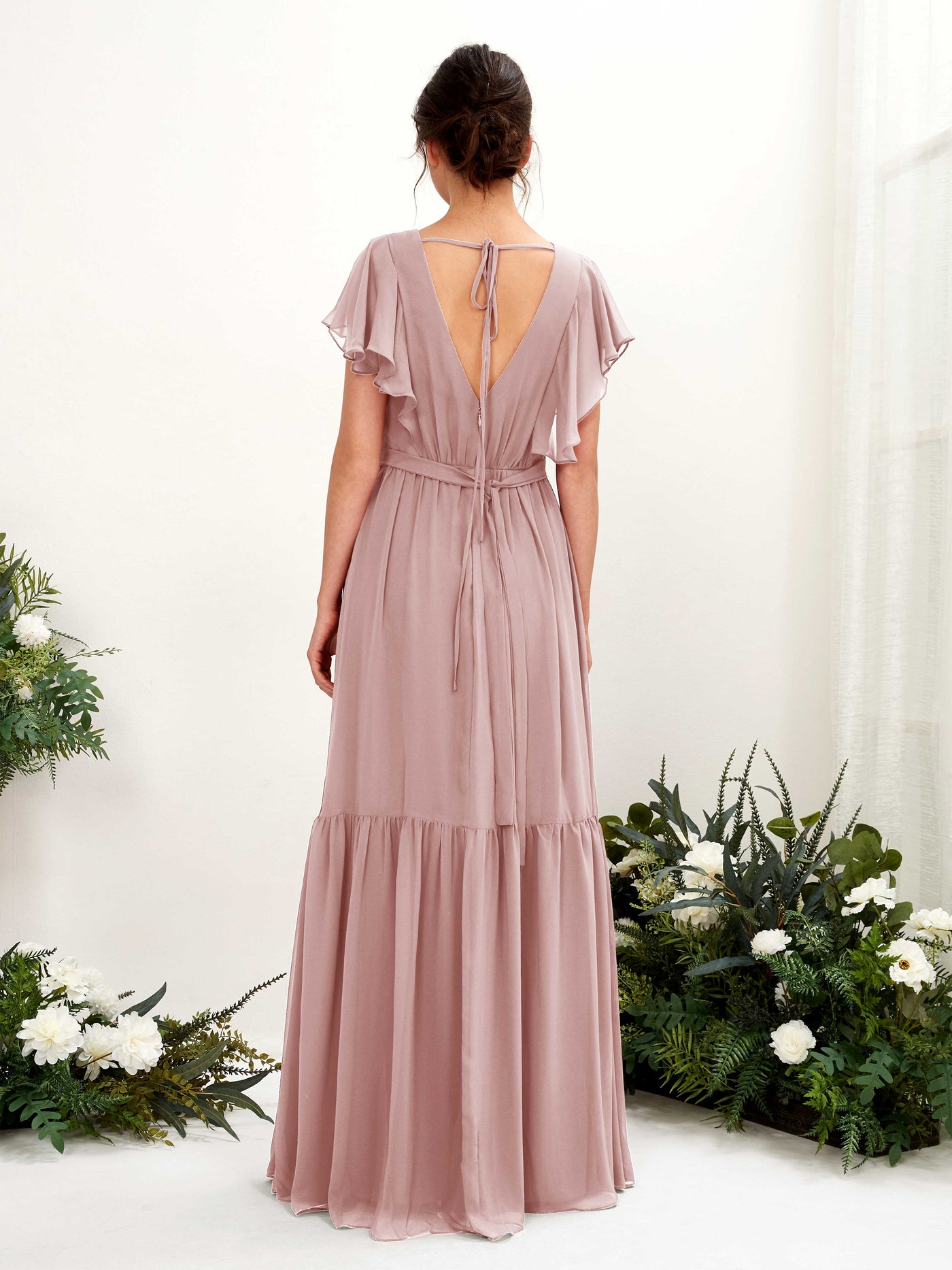 Dusty Rose Bridesmaid Dresses Bridesmaid Dress A-line Chiffon V-neck Full Length Short Sleeves Wedding Party Dress (81225909)#color_dusty-rose