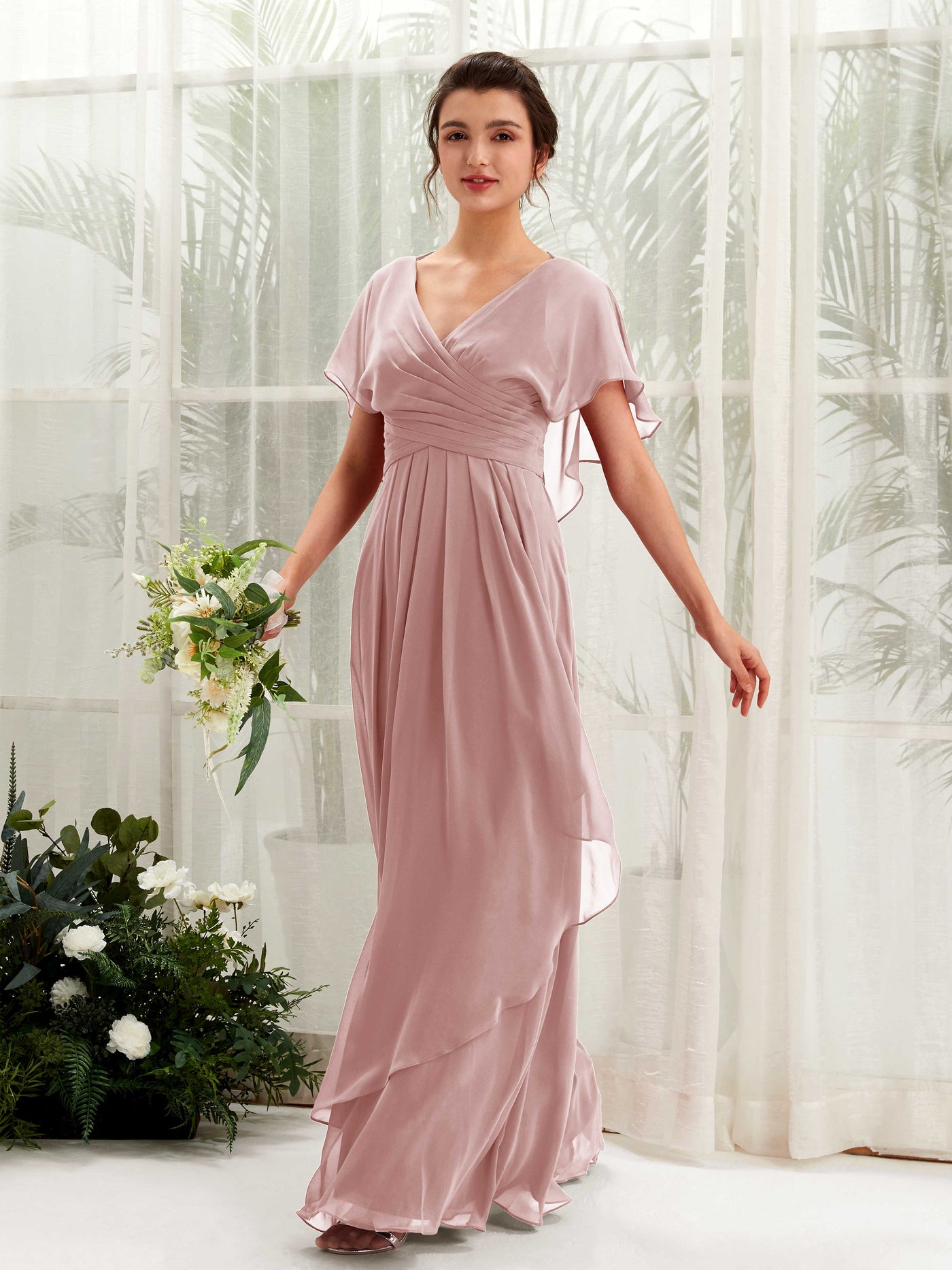 Silver Chiffon V-Neck Bridesmaid Dress A-Line Floor-Length