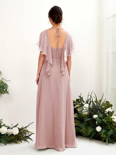 Carlyna Darlene A-Line Dusty Rose Bridesmaid Dress Maxi Short Sleeve V-Neck Dress Back View #color_dusty-rose