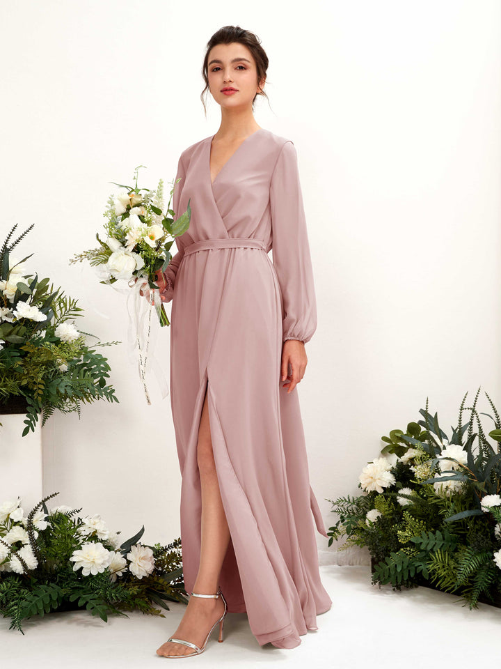 Dusty Rose Bridesmaid Dresses Bridesmaid Dress A-line Chiffon V-neck Full Length Long Sleeves Wedding Party Dress (81223209)
