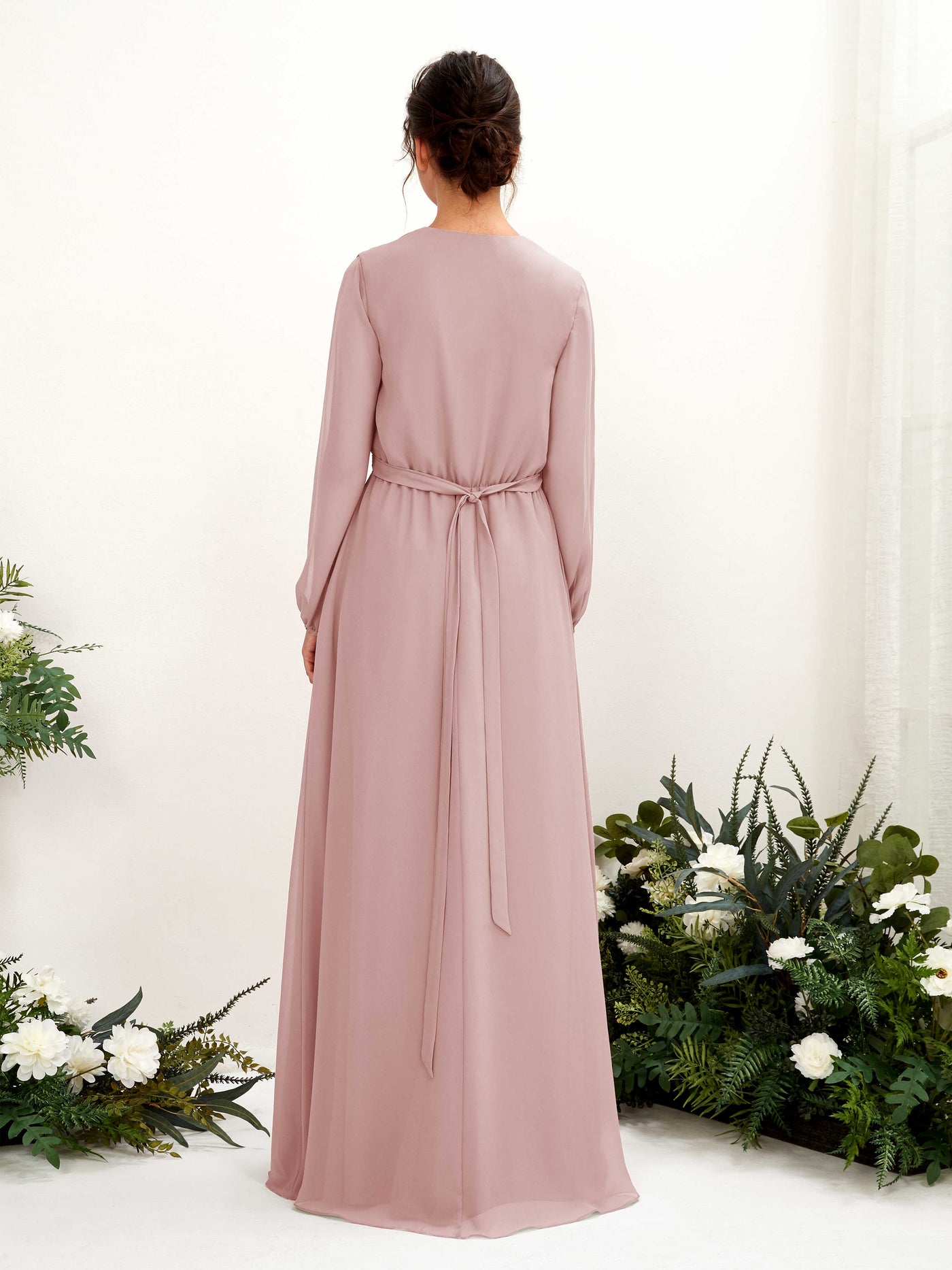 Dusty Rose Bridesmaid Dresses Bridesmaid Dress A-line Chiffon V-neck Full Length Long Sleeves Wedding Party Dress (81223209)#color_dusty-rose
