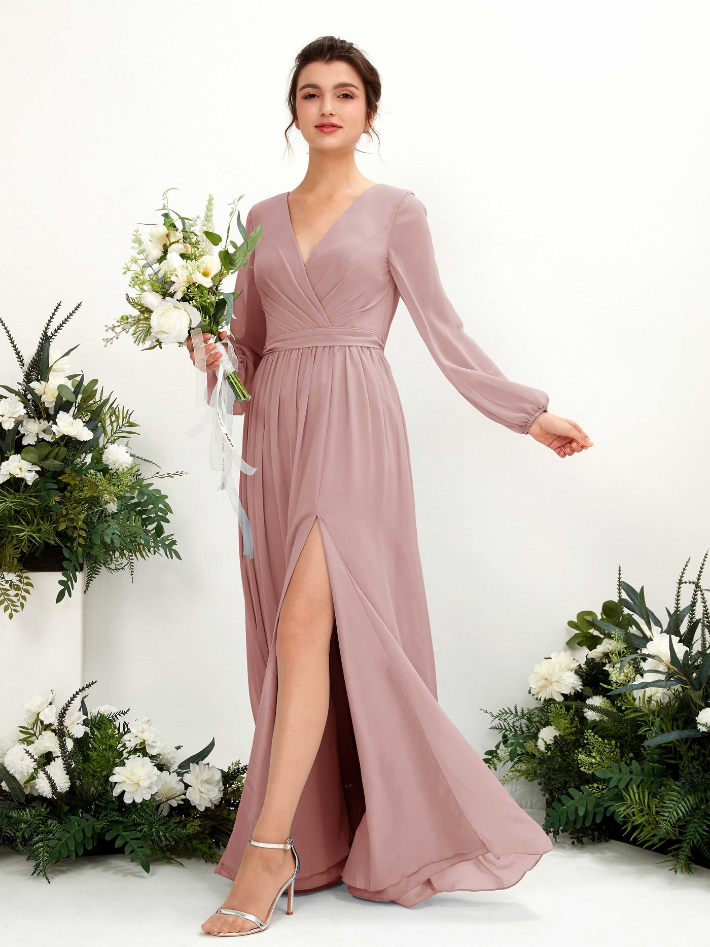 Dusty Rose Bridesmaid Dresses Bridesmaid Dress A-line Chiffon V-neck Full Length Long Sleeves Wedding Party Dress (81223809)#color_dusty-rose