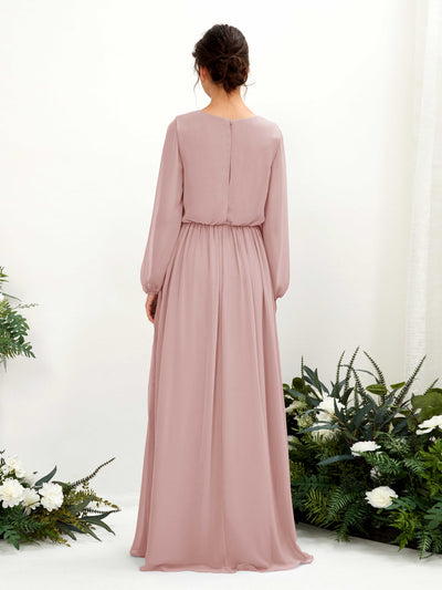 Carlyna Ginny A-Line Dusty Rose Bridesmaid Dress Maxi Long Sleeve V-Neck Back View #color_dusty-rose