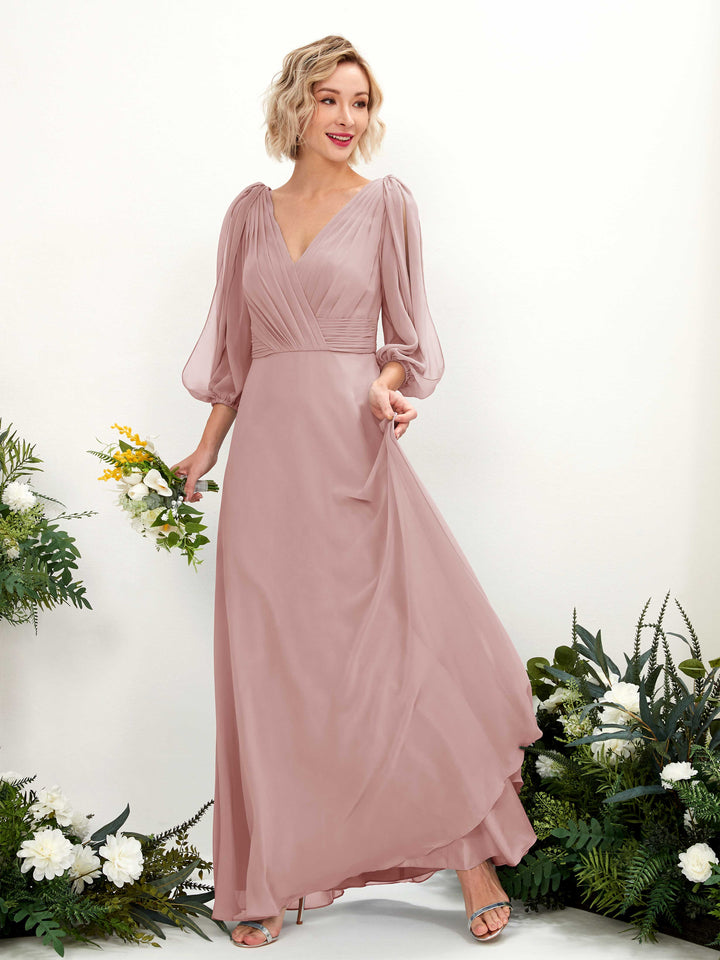 Dusty Rose Bridesmaid Dresses Bridesmaid Dress Chiffon V-neck Full Length Long Sleeves Wedding Party Dress (81223509)