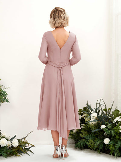 Carlyna Joanna A-Line Dusty Rose Bridesmaid Dress Midi Long Sleeve V-Neck Back View #color_dusty-rose