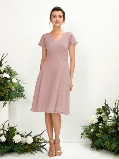 Carlyna Betty A-Line Dusty Rose Bridesmaid Dress Knee-Length Short Sleeve V-Neck Dress Front View #color_dusty-rose