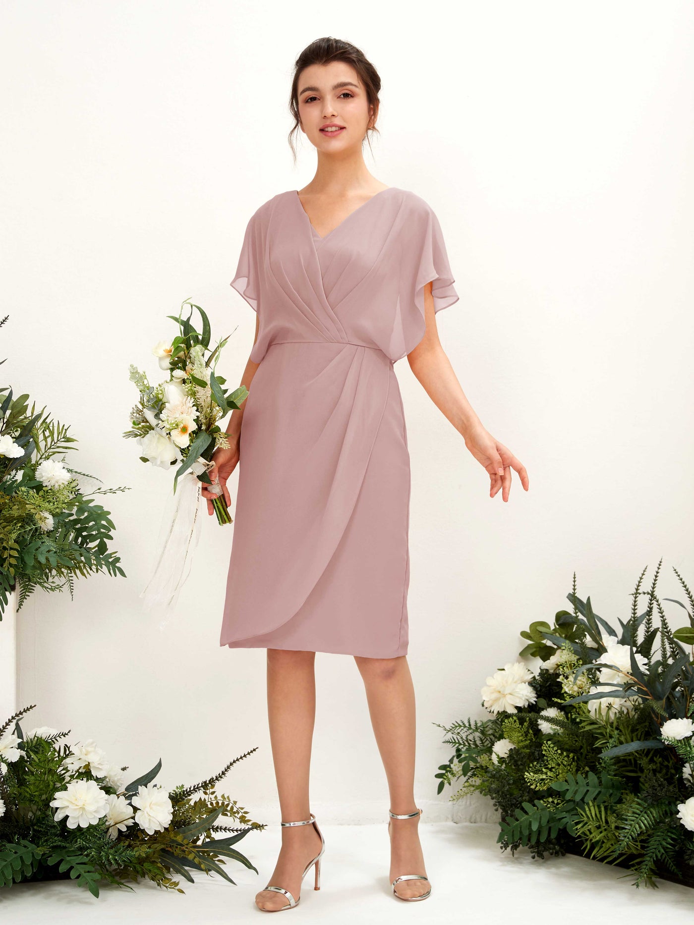 Desert Rose Chiffon V-Neck Bridesmaid Dress Sheath Knee-Length | Carlyna Desert Rose Chiffon V-Neck Bridesmaid Dress Sheath Knee-Length | Carlyna