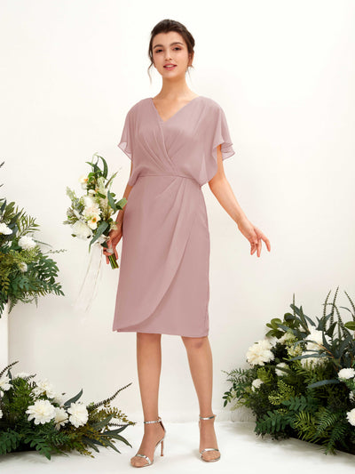 Carlyna Vanessa Sheath Dusty Rose Bridesmaid Dress Knee-Length Cap Sleeve V-Neck Dress Front View #color_dusty-rose