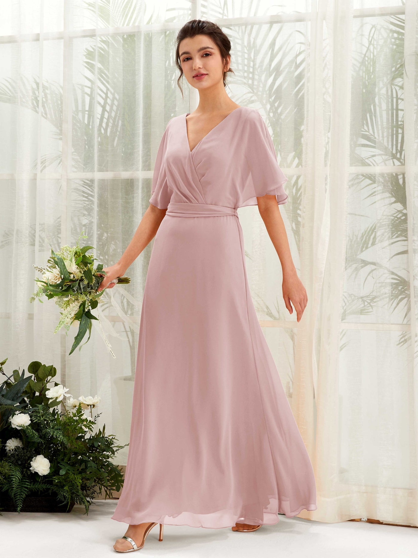 Dusty Rose Bridesmaid Dresses Bridesmaid Dress A-line Chiffon V-neck Full Length Short Sleeves Wedding Party Dress (81222409)#color_dusty-rose