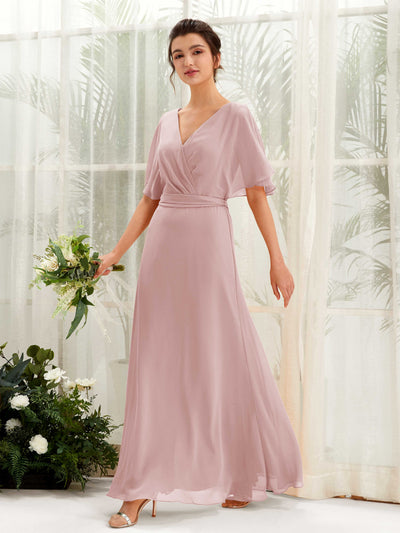 Carlyna Merta A-Line Dusty Rose Bridesmaid Dress Maxi Short Sleeve V-Neck Dress Front View #color_dusty-rose