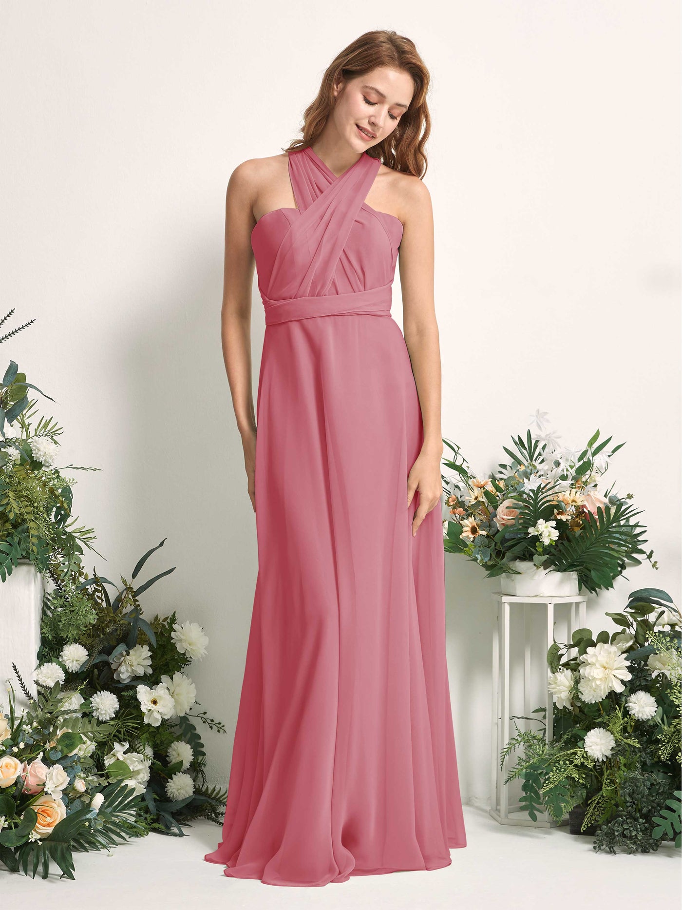 Desert Rose Bridesmaid Dresses Bridesmaid Dress A-line Chiffon Halter Full Length Short Sleeves Wedding Party Dress (81226311)#color_desert-rose