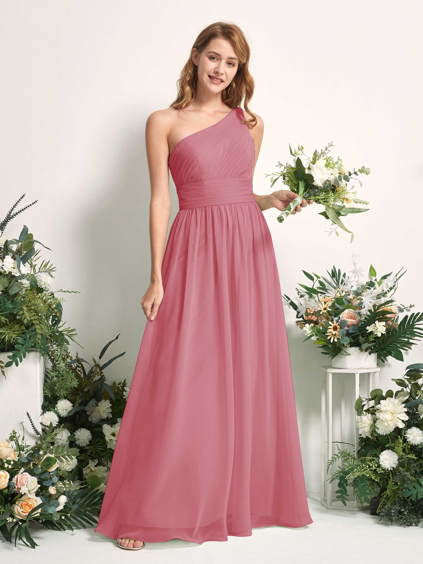 Bridesmaid Dress A-line Chiffon One Shoulder Full Length Sleeveless Wedding Party Dress - Desert Rose (81226711)#color_desert-rose
