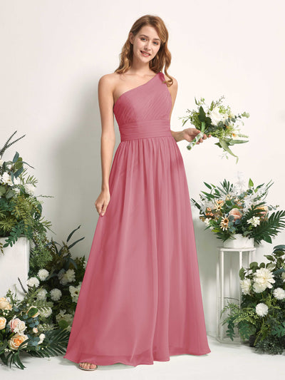 Carlyna Pandora A-Line Desert Rose Bridesmaid Dress Maxi Sleeveless One Shoulder Dress Front View #color_desert-rose
