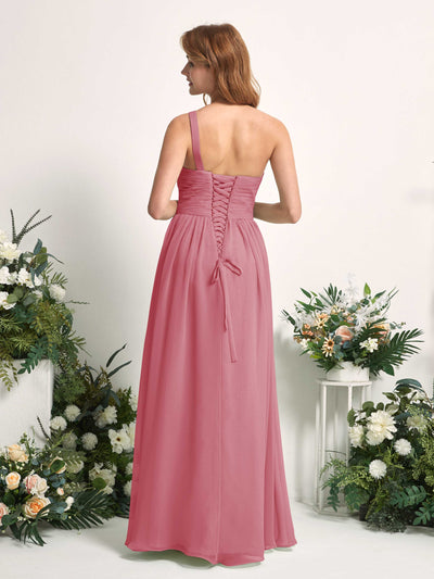 Carlyna Pandora A-Line Desert Rose Bridesmaid Dress Maxi Sleeveless One Shoulder Dress Back View #color_desert-rose