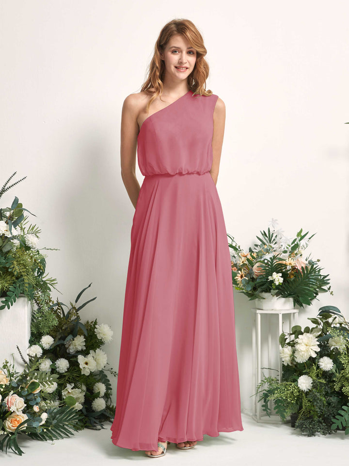 Bridesmaid Dress A-line Chiffon One Shoulder Full Length Sleeveless Wedding Party Dress - Desert Rose (81226811)