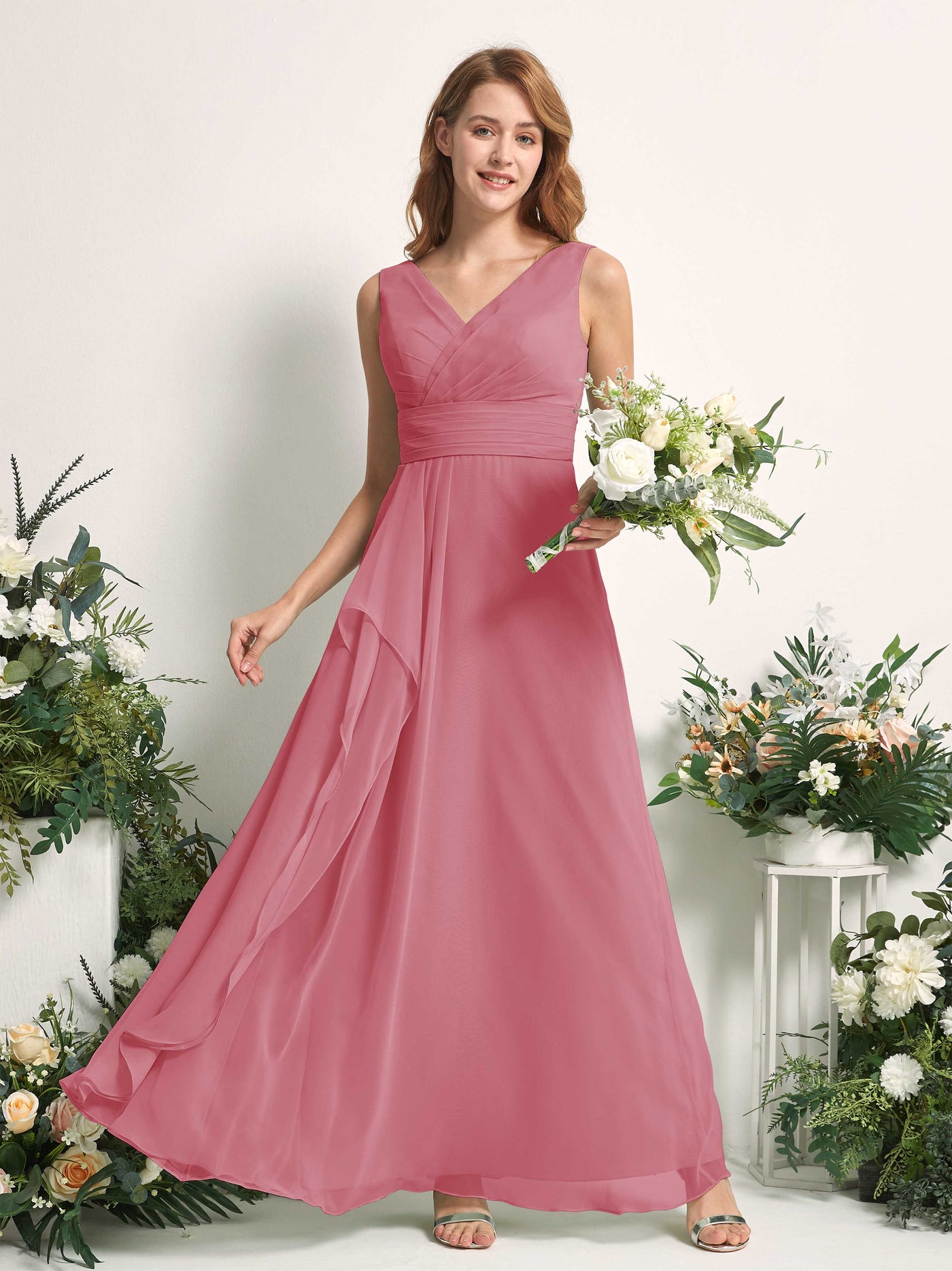 Bridesmaid Dress A-line Chiffon V-neck Full Length Sleeveless Wedding Party Dress - Desert Rose (81227111)#color_desert-rose