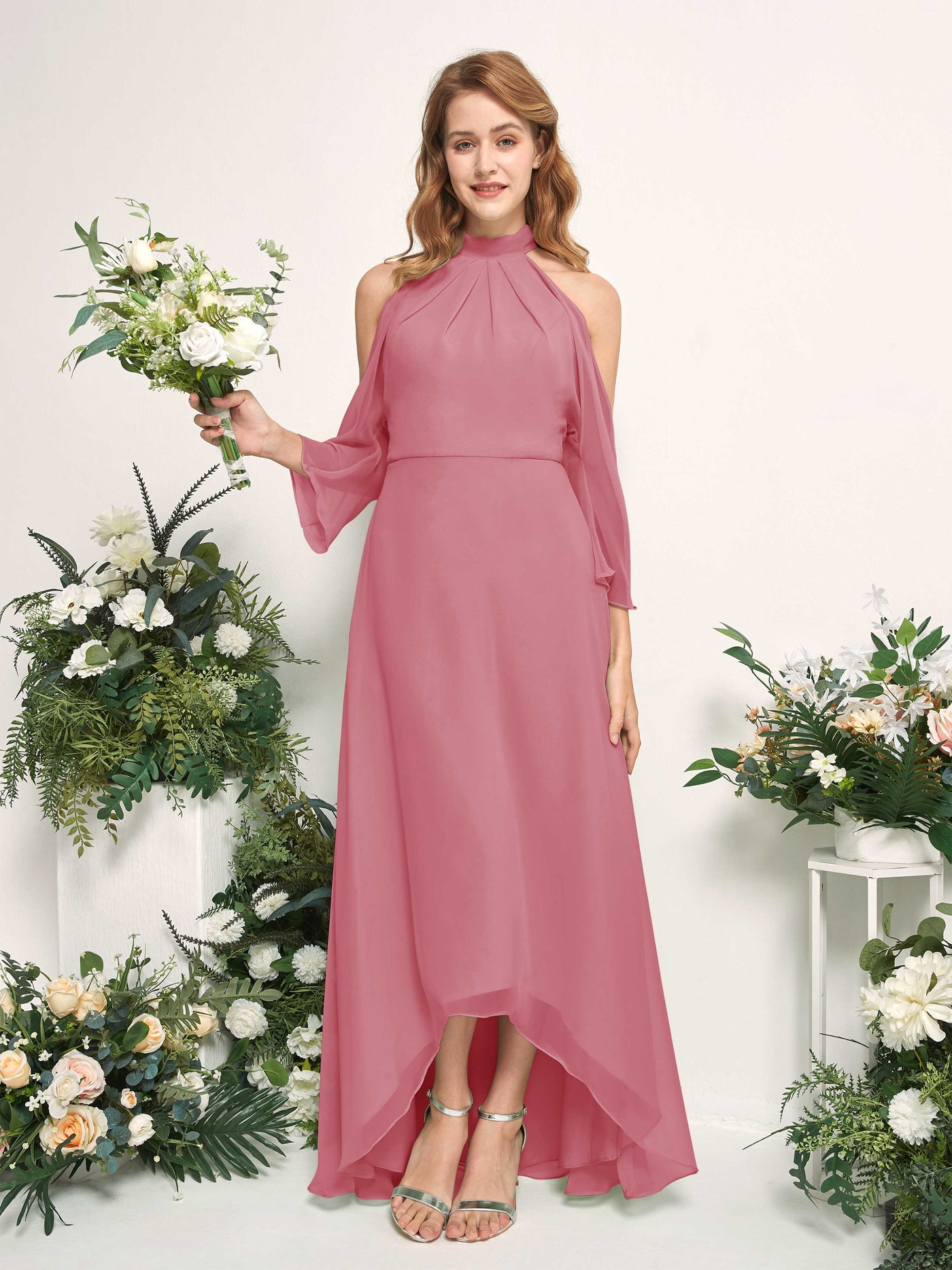 Bridesmaid Dress A-line Chiffon Halter High Low 3/4 Sleeves Wedding Party Dress - Desert Rose (81227611)#color_desert-rose