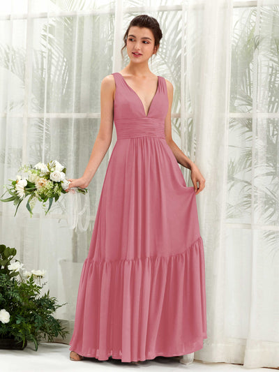 Carlyna Alissa A-Line Desert Rose Bridesmaid Dress Maxi Sleeveless V-Neck Dress Front View #color_desert-rose