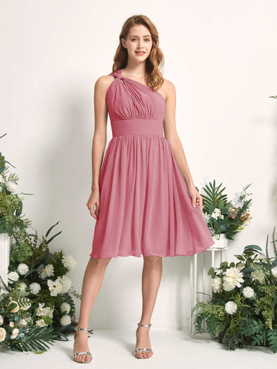 Carlyna Echo A-Line Desert Rose Bridesmaid Dress Knee-Length Sleeveless One Shoulder Dress Front View #color_desert-rose