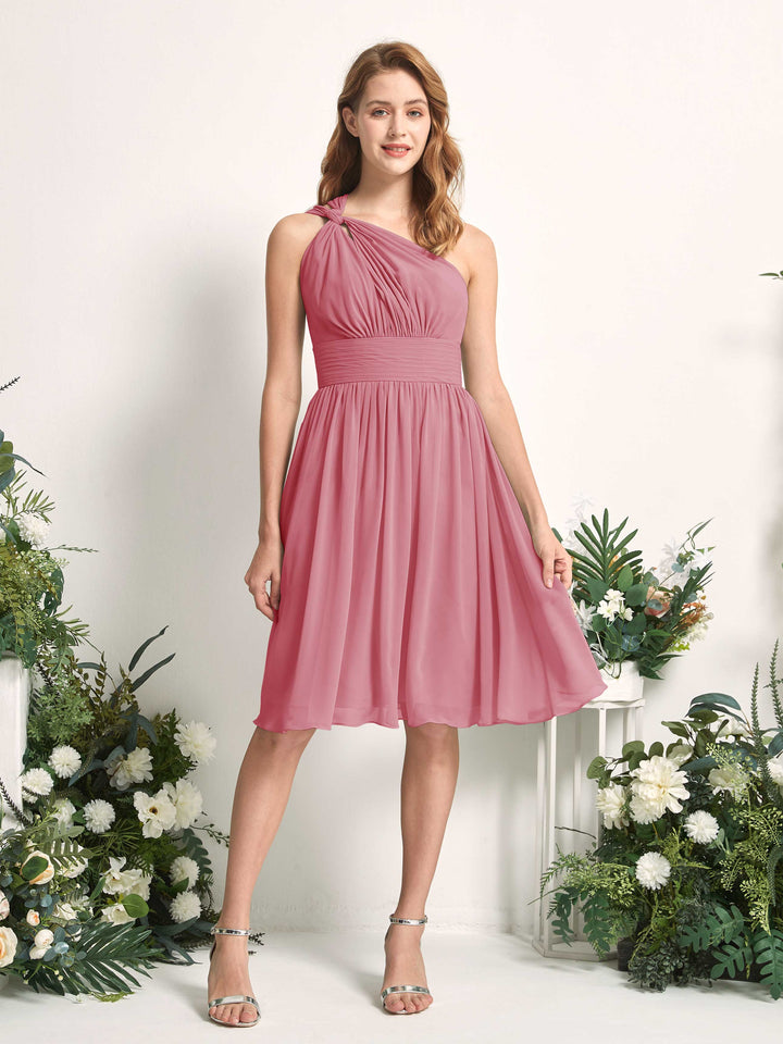 Bridesmaid Dress A-line Chiffon One Shoulder Knee Length Sleeveless Wedding Party Dress - Desert Rose (81221211)