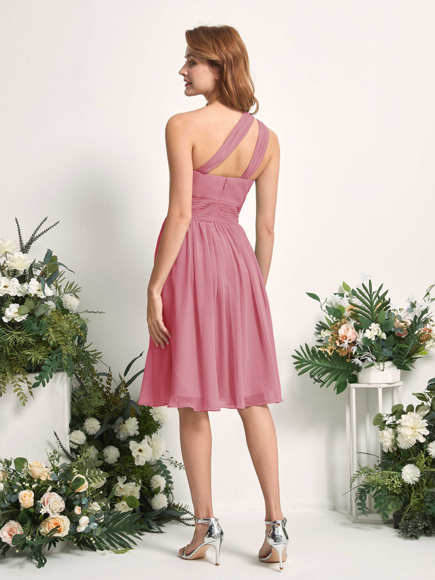 Bridesmaid Dress A-line Chiffon One Shoulder Knee Length Sleeveless Wedding Party Dress - Desert Rose (81221211)#color_desert-rose
