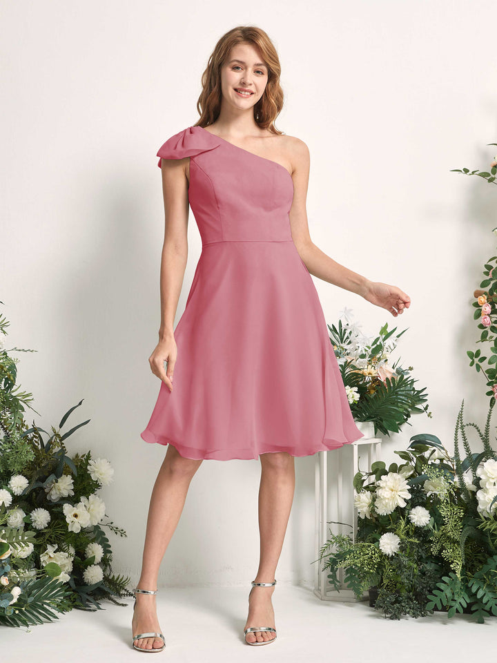 Bridesmaid Dress A-line Chiffon One Shoulder Knee Length Sleeveless Wedding Party Dress - Desert Rose (81227011)