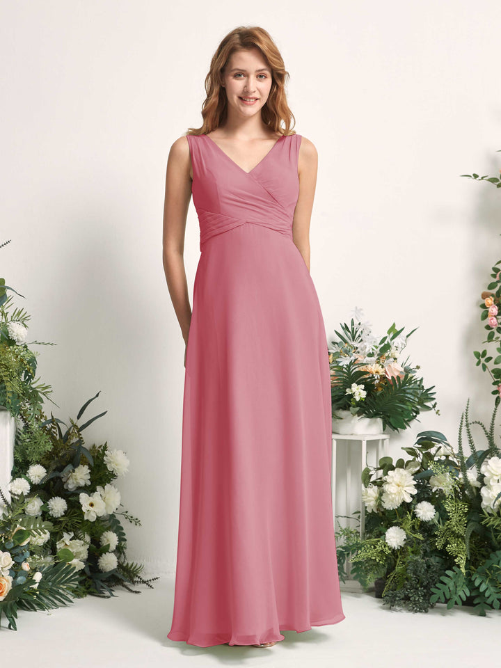 Bridesmaid Dress A-line Chiffon Straps Full Length Sleeveless Wedding Party Dress - Desert Rose (81227311)