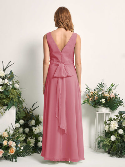 Carlyna June A-Line Desert Rose Bridesmaid Dress Maxi Sleeveless V-Neck Dress Back View #color_desert-rose