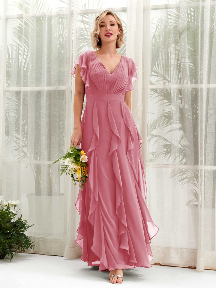 A-line Open back V-neck Short Sleeves Chiffon Bridesmaid Dress - Desert Rose (81226011)