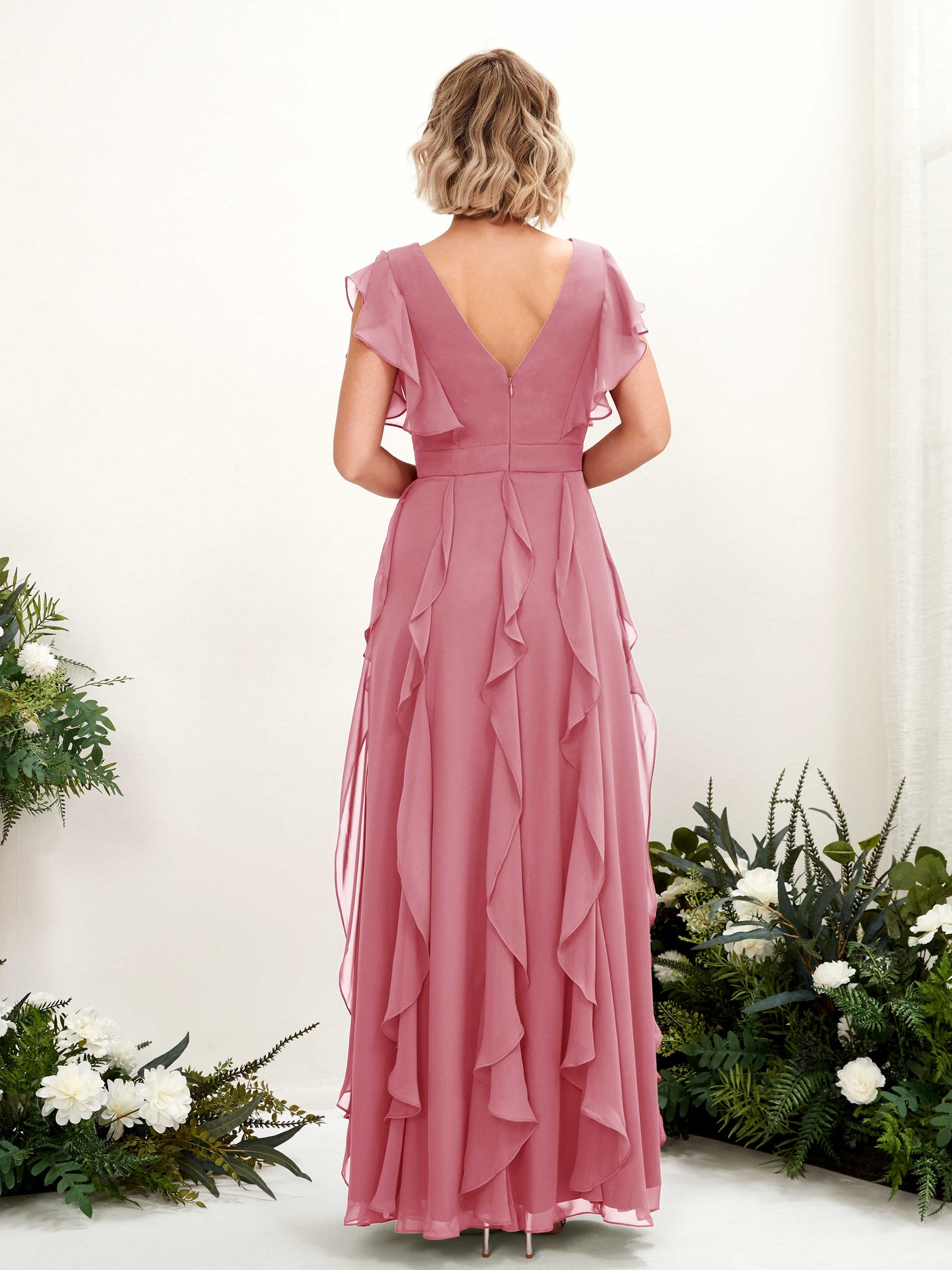 A-line Open back V-neck Short Sleeves Chiffon Bridesmaid Dress - Desert Rose (81226011)#color_desert-rose