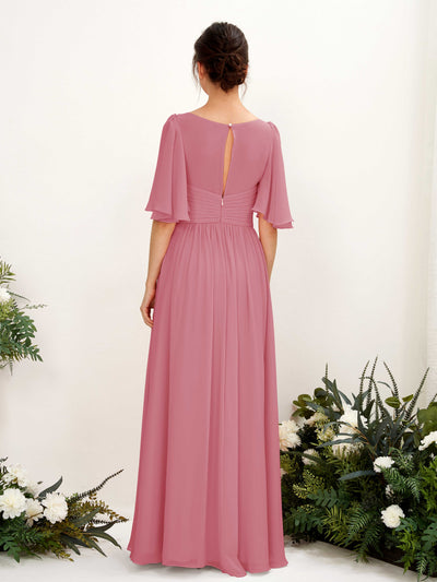 Carlyna Odette A-Line Desert Rose Bridesmaid Dress Maxi Short Sleeve V-Neck Dress Back View #color_desert-rose