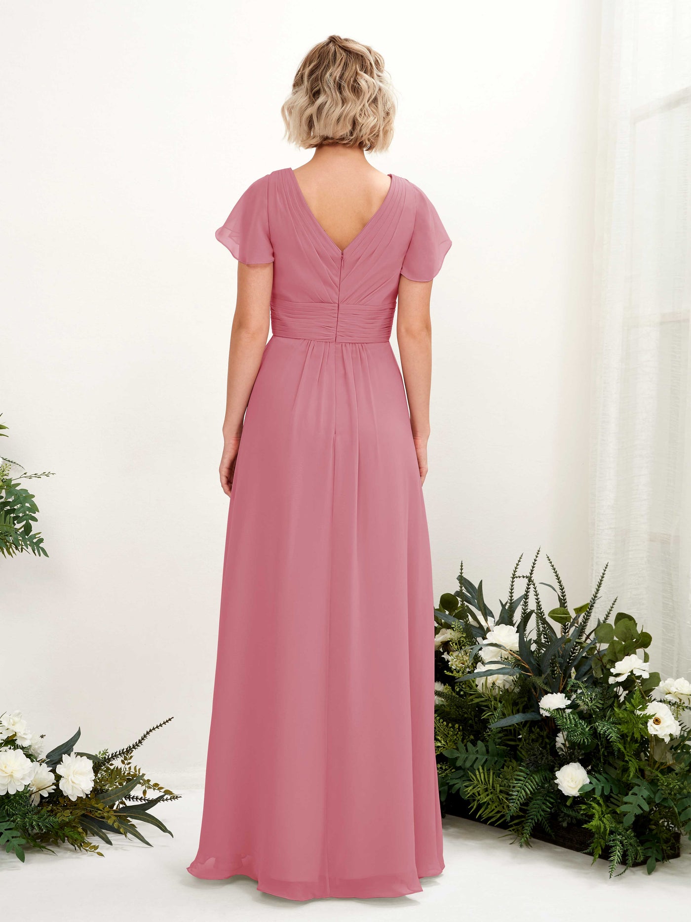 Desert Rose Bridesmaid Dresses Bridesmaid Dress A-line Chiffon V-neck Full Length Short Sleeves Wedding Party Dress (81224311)#color_desert-rose