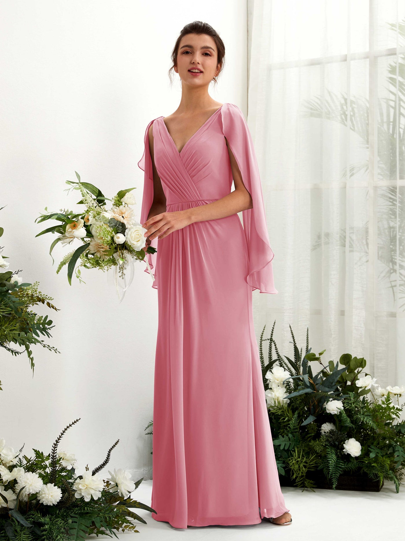 Desert Rose Bridesmaid Dresses Bridesmaid Dress A-line Chiffon Straps Full Length Long Sleeves Wedding Party Dress (80220111)#color_desert-rose