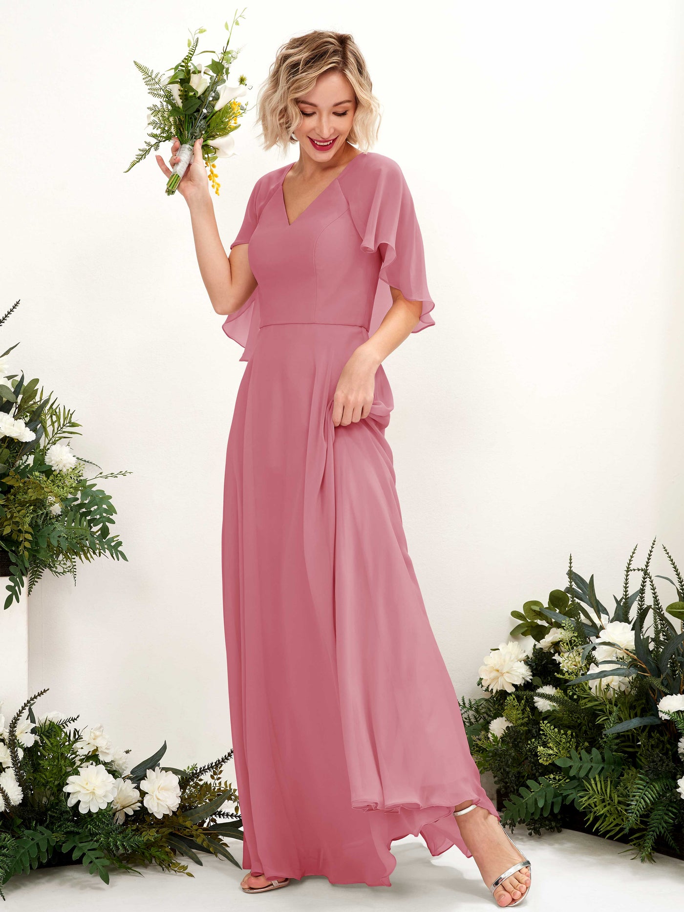 Desert Rose Bridesmaid Dresses Bridesmaid Dress A-line Chiffon V-neck Full Length Short Sleeves Wedding Party Dress (81224411)#color_desert-rose