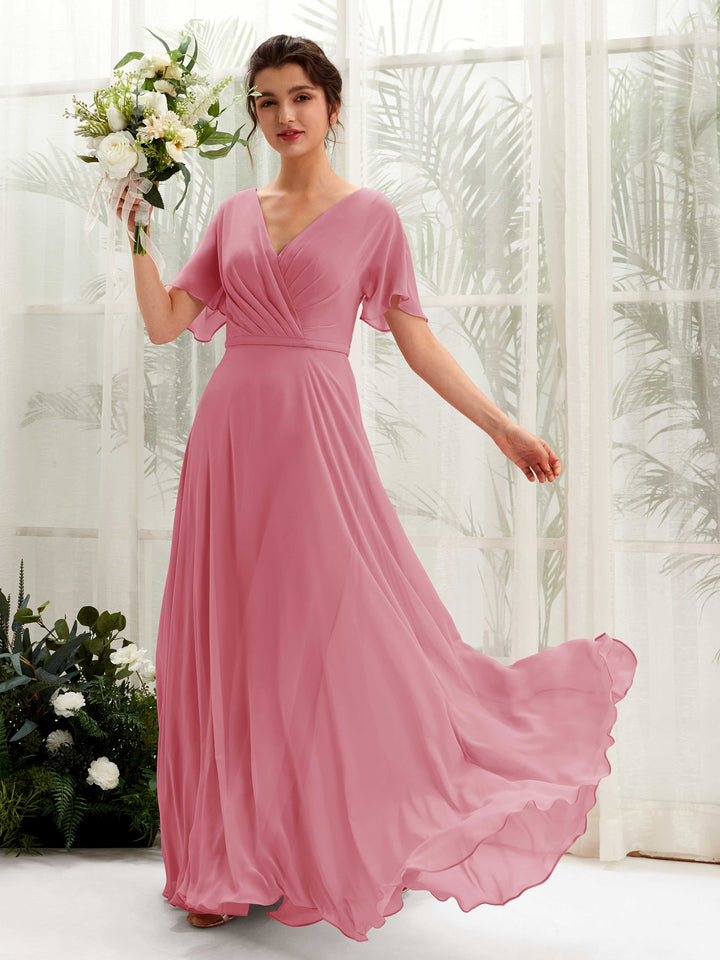 Desert Rose Bridesmaid Dresses Bridesmaid Dress A-line Chiffon V-neck Full Length Short Sleeves Wedding Party Dress (81224611)