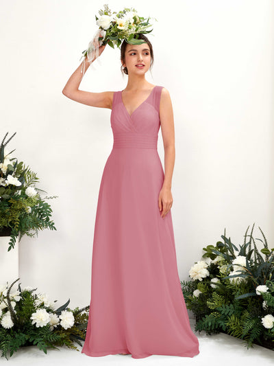 Carlyna Karen A-Line Desert Rose Bridesmaid Dress Maxi Sleeveless V-Neck Dress Front View #color_desert-rose