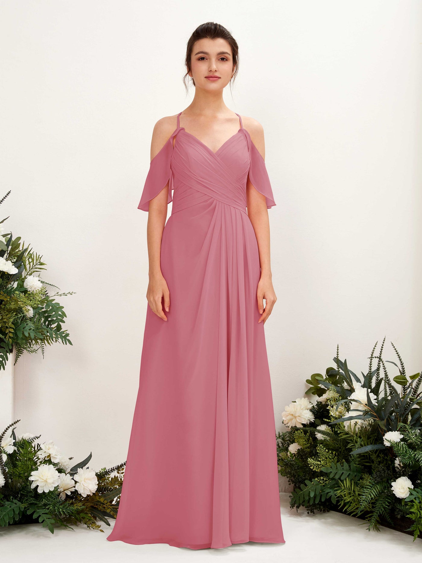 Ball Gown Off Shoulder Spaghetti-straps Chiffon Bridesmaid Dress - Desert Rose (81221711)#color_desert-rose