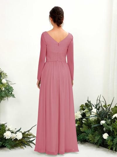 Carlyna Coline A-Line Desert Rose Bridesmaid Dress Maxi Long Sleeve V-Neck Back View #color_desert-rose
