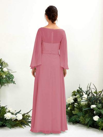 Carlyna Elie A-Line Desert Rose Bridesmaid Dress Maxi Long Sleeve Boat Neck Back View #color_desert-rose