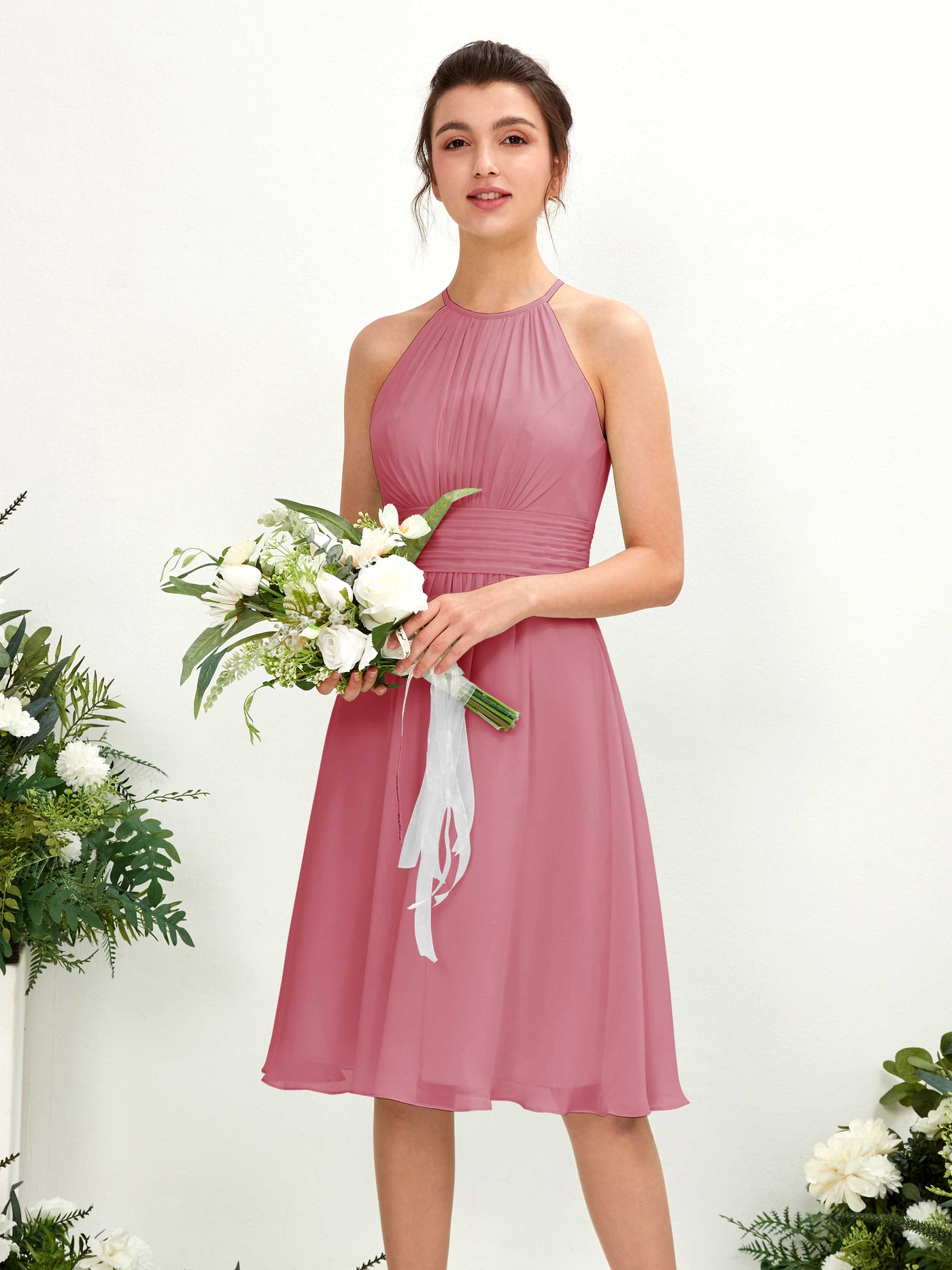 Desert Rose Bridesmaid Dresses Bridesmaid Dress A-line Chiffon Halter Knee Length Sleeveless Wedding Party Dress (81220111)#color_desert-rose