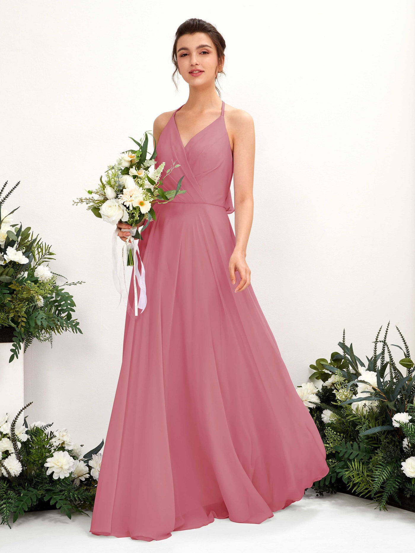 Halter V-neck Sleeveless Chiffon Bridesmaid Dress - Desert Rose (81221011)#color_desert-rose