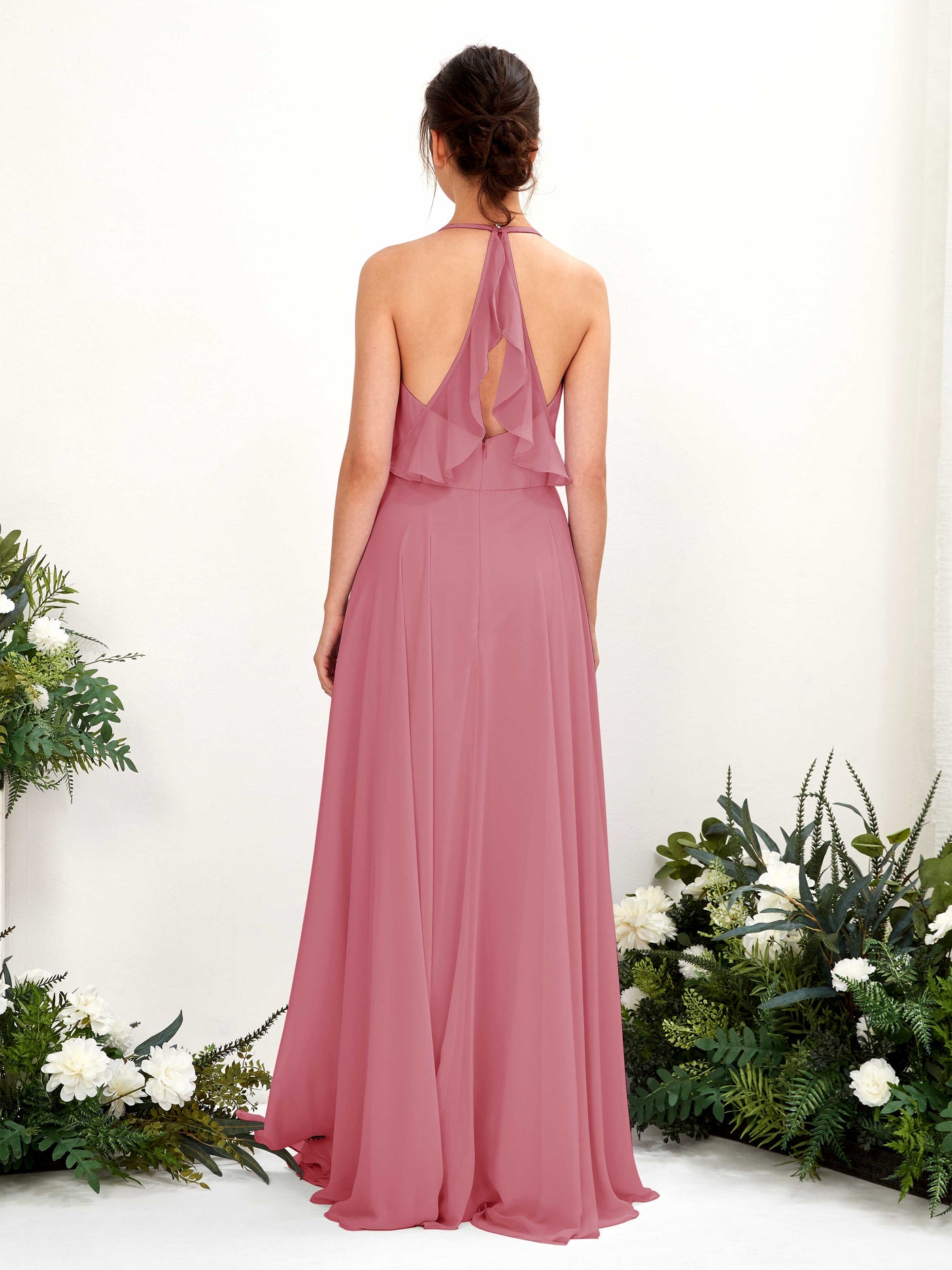 Halter V-neck Sleeveless Chiffon Bridesmaid Dress - Desert Rose (81221011)#color_desert-rose