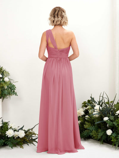 Carlyna Flaze A-Line Desert Rose Bridesmaid Dress Maxi Sleeveless One Shoulder Dress Back View #color_desert-rose